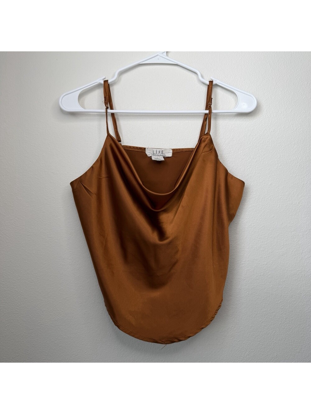 L.I.F.E. Women’s Brown Solid Satin Cowl Neck Cami Tank, Adjustable Straps M
